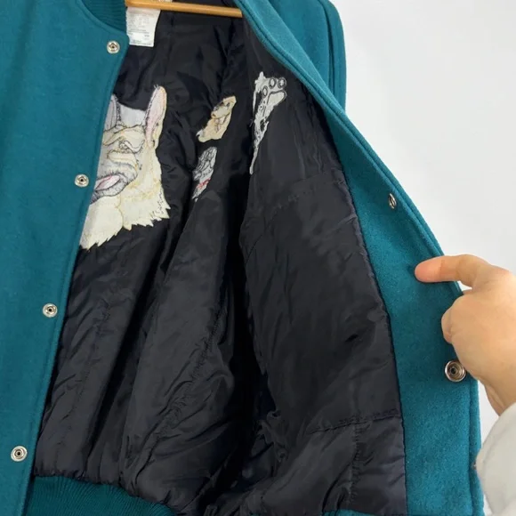 Vintage Varsity Jacket Mens Large Green Blue Wool Black Leather SPCA Dog Lover - Picture 14 of 16